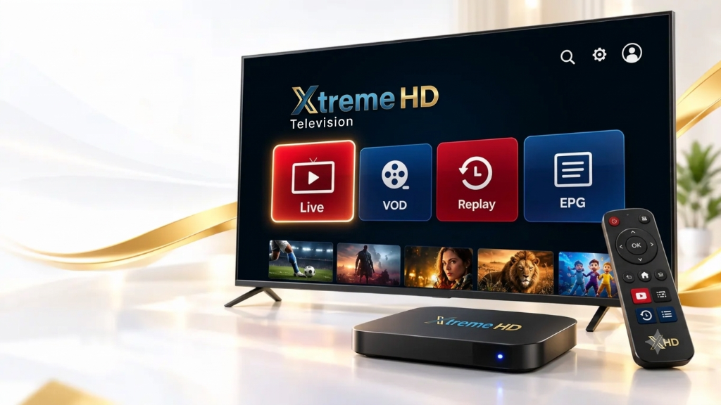 Xtreme HD IPTV on TV with box and remote